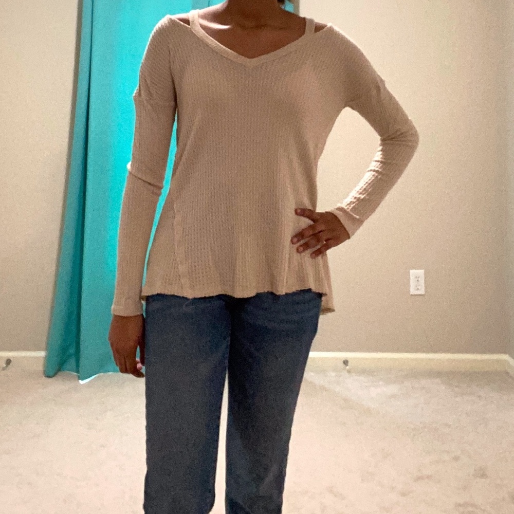 Francesca's Nude Waffle Knit Cold Shoulder Top